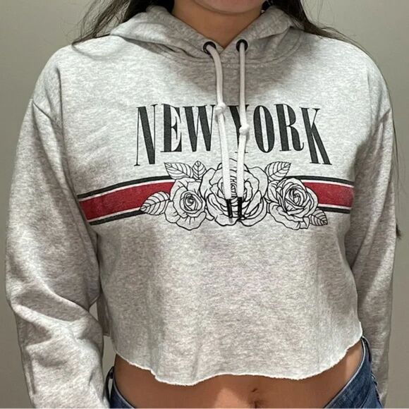 Garage Cropped Gray Hoodie Large L New York Roses - Picture 2 of 5